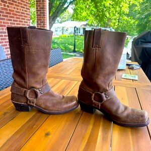 Frye square toe harness boots in vintage brown leather.